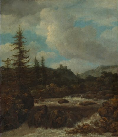 Landschap met een waterval bij een kasteel door Jacob van Ruisdael